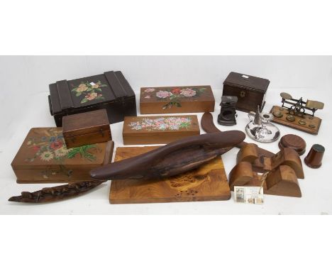 Collection of treen boxes and other treen items, including Mauchline ware money box, post office scales, plated bedchamber ca