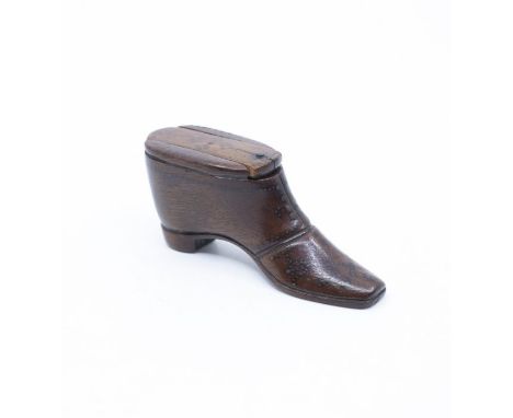 An early small wooden boot shaped snuff box with inlaid decoration and sliding lid/cover.Size: Approx. 9cm x 4cmCondition: Sl