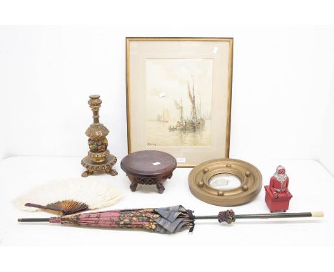 A collection of items to include an early to mid 20th Century marine subject watercolour, signed, fish eye wall mirror, paras