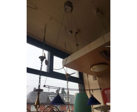 A low voltage halogen chrome and grey rise and fall pendant with two damaged blue glass shades, requires 2 x 20W G4 12V halog