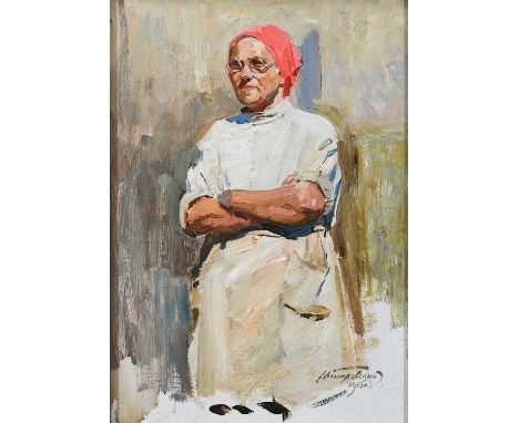 Mikhail Poplavsky (Russian 1914-1994)Woman wearing a white dress and red head scarfSigned in Cyrillic and dated 1956 (lower r