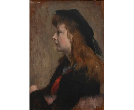 Leonard Greaves (1918-1949)Portrait of the artist's wife, wearing a black hat and jacket with a red scarfSigned Greaves (uppe