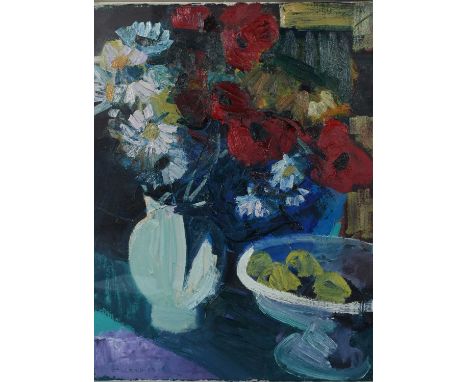 Φ Brian Ballard (b.1943)Still life with a vase of flowers and fruit in a bowlSigned and dated BALLARD 99 (lower left)Oil on c