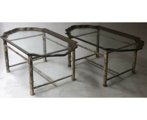LAMP TABLES, a pair, with brass tray top and faux bamboo painted supports, 97cm W x 54cm D x 40cm H. (2)