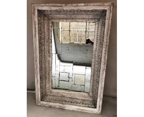 ARCHITECTURAL WALL MIRROR, grey painted and gesso moulded with deep egg and dart and acanthus frame, 154cm x 104cm x 29cm.