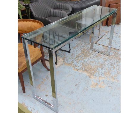 CONSOLE TABLE, contemporary Continental style, polished metal base, tempered glass top, 150cm x 40cm x 85cm. (slight faults)