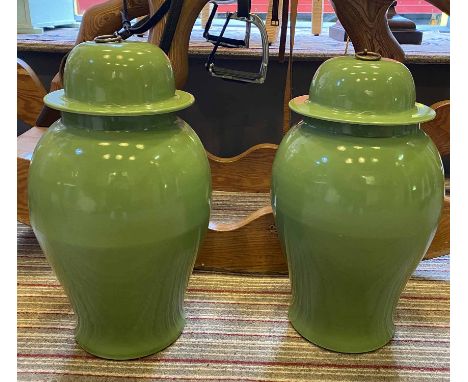 TEMPLE JARS, a pair, green ceramic, 53cm H. (2)