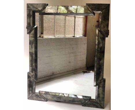 JULIAN CHICHESTER WALL MIRROR, rectangular aged mirror, with raised geometric cushion frame, 150cm H x 120cm.