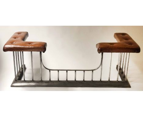 CLUB FENDER, early 20th century vintage English country house buttoned coach leather seats raised upon polished iron balustra