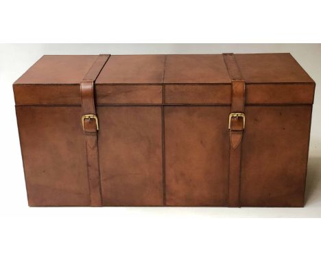TRUNK, Ralph Lauren style rectangular stitched and brass studded tan coach leather with rising lid and carrying handles, 88cm