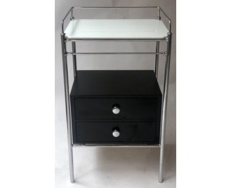 SIDE TABLE, mid 20th century chrome framed with white glass shelf above two black drawers, 44cm x 35cm D x 79cm H. 