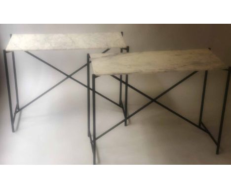CONSOLE TABLES, a pair, with rectangular veined white marble tops and black x stretcher supports, 100cm x 40cm D x 77cm H. 