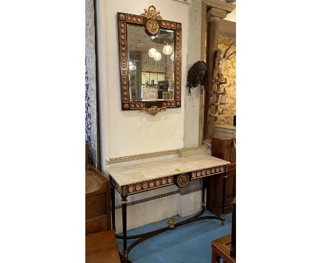 CONSOLE TABLE, the marble top over a frieze with gilt detail and applied floral porcelain plaques, 133cm x 43cm x 82cm H and 