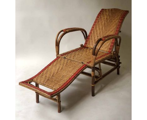 CONSERVATORY TERRACE LOUNGER, 1960's French Bauhaus style bicolour rattan with red detail and fully adjustable back, clip on 