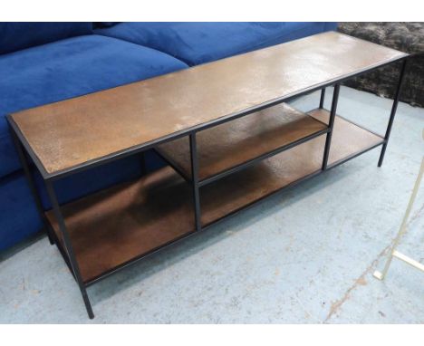 MEDIA CONSOLE, bronzed top and under tier, 120cm W x 36cm D x 47cm H. 