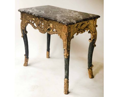 CONSOLE TABLE, 18th century Venetian shaped variegated marble top on carved giltwood support with swag and shell central figu