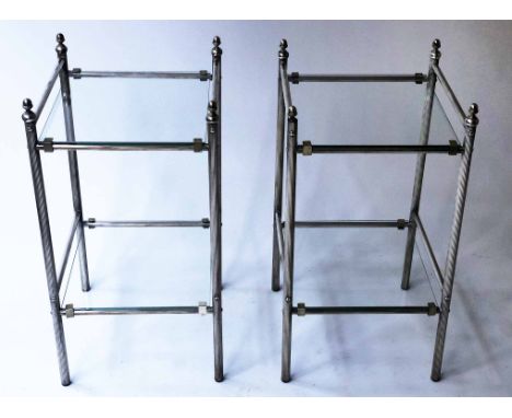LAMP TABLES, a pair, mid 20th century Regency style silvered metal with reeded finial capped supports and two glazed tiers, 3