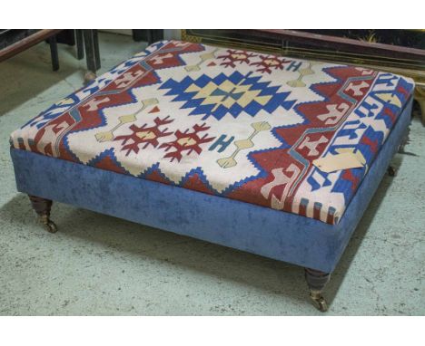 HEARTH STOOL, kilim and blue velvet upholstered on turned feet and castors, 36cm H x 99cm x 94cm. (slight faults)