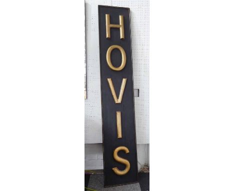 HOVIS SIGN, vintage inspired, gilt letters on black painted ground with gilt border, 180.5cm x 34cm. 