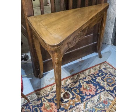 CARD TABLE, Louis XV walnut with carved detail, triangular with green baize playing surface, 104cm x 52cm x 76cm H.