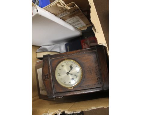 A MIXED BOX TO INCLUDE BOOKS, PICTURE FRAMES, MANTEL CLOCK ETC.