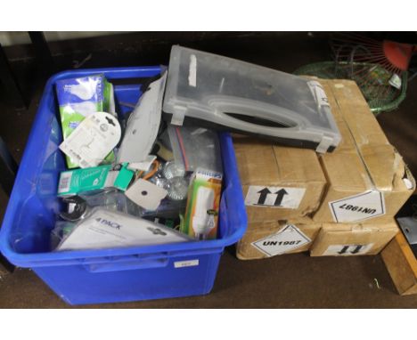 A BOX OF LIGHT BULBS, TOOLS, ALCOHOLIC HAND GEL ETC.