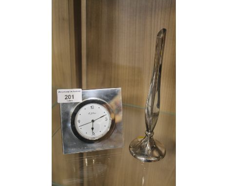 A HALLMARKED SILVER CLOCK AND VASE, BOTH WITH 'P & O' INSCRIPTIONS