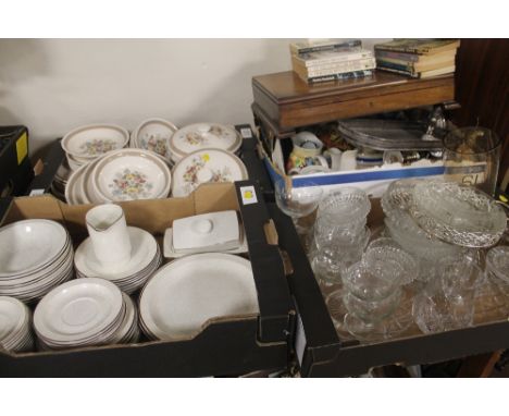 A LARGE QUANTITY OF CERAMICS INCLUDING POOLE, ALFRED MEAKIN ETC.,  GLASSWARE, CANTEEN OF CUTLERY TOGETHER WITH JAMES BOND PAP