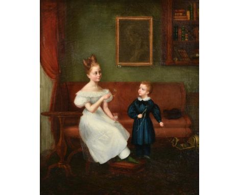 American School (19th century)A boy and girl in an interior blowing bubblesOil on canvas65 x 54cm (25½ x 21¼ in.)With frame m