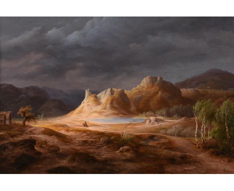 British School (19th century)Extensive Landscape with Horse and RiderOil on panelSigned with monogram TSW and dated 1845 (low