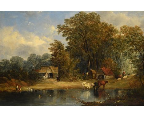 Attributed to Alfred Vickers (British 1786-1868)Landscape with Cattle, Sheep, and Figures by a PondOil on canvasTitled (to la