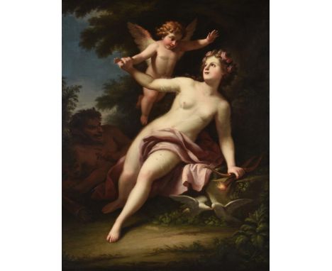 Attributed to Joseph Melling (French 1724-1796)Venus, Cupid and Satyr Oil on canvas Signed with initials and indistinctly dat