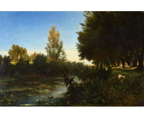 Follower of Charles-Francois DaubignySheep in a river landscapeOil on canvasBears `Daubigny' signature and date1844 (lower ri
