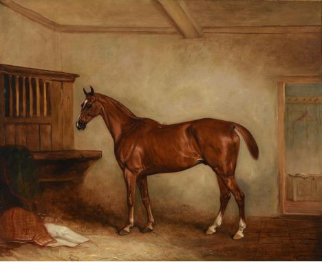 John Ferneley Senior (English 1782-1860)A chestnut hunter in a loose box Oil on canvas Signed, dated and inscribed `Melton Mo