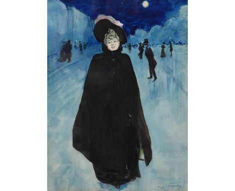 Francois Clement Sommier, called Henry Somm (French 1844-1907)A lady in the street by moonlightWatercolour and inkSigned (low