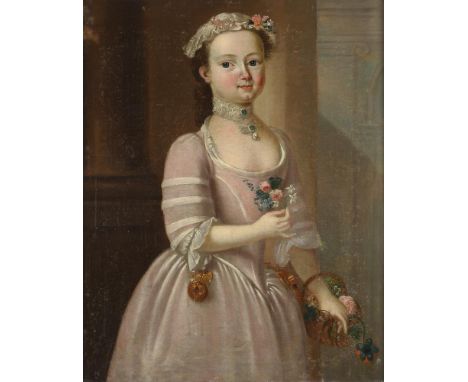 Circle of Joseph Highmore (British 1692 - 1780)Portrait of a young woman holding a posy of flowersOil on canvas76 x 63cm (29¾