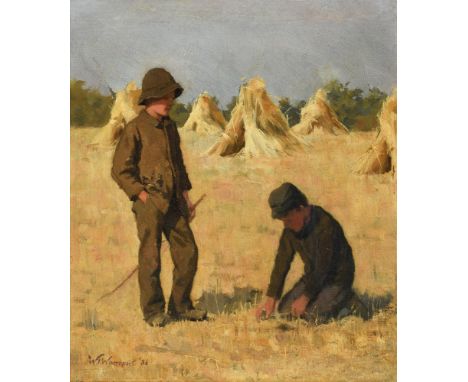 William Thomas Warrener (British 1861-1934)Two boys playing before haystacks Oil on canvas Signed and dated 86 (lower left)29