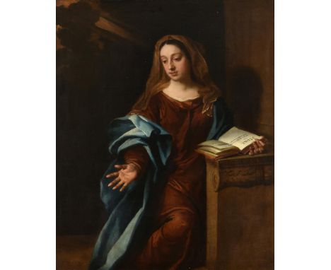 Circle of Sir Peter Lely (British 1618-1680)Portrait of Mrs Abraham Houblon dressed as a saint, reading the bibleOil on canva