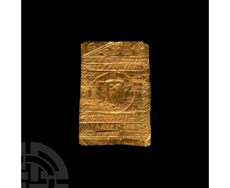 c.7th century A.D. A sheet-gold plaque displaying the bust of Christ surrounded by a cross within a roundel at the centre, tr