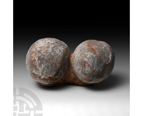 Cretaceous Period, 145-65 million years B.P. A pair of Charonosaurus sp. hadrosaur eggs on a matrix retaining evidence of the