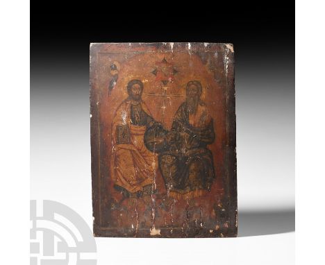 17th century A.D. An Orthodox wooden icon with a slightly curved profile, polychrome painted scene depicting the Holy Trinity