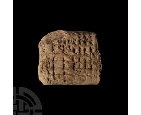 3rd-2nd millennium B.C. A large section of a ceramic cuneiform tablet bearing cuneiform script to both faces, one side cleare