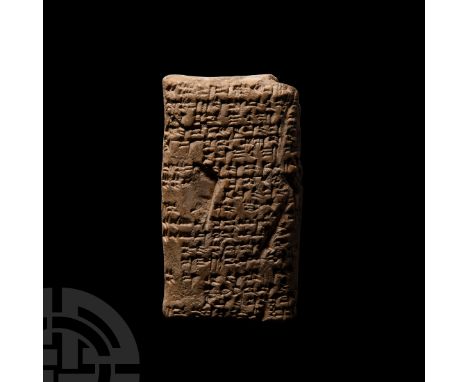 c.18th century B.C. A ceramic pillow-shaped cuneiform tablet; accompanied by an old scholarly note, typed and signed by W.G. 