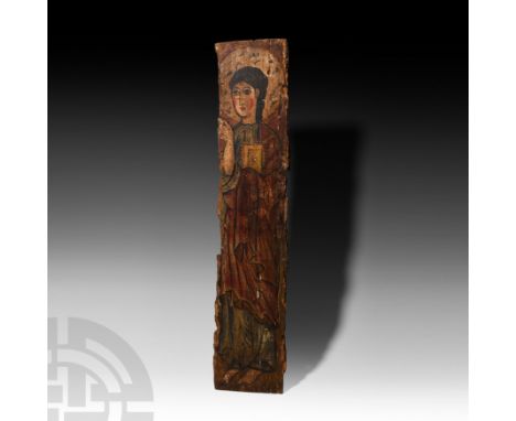 c.10th-13th century A.D. A Coptic rectangular wooden panel with gessoed surface and painted design of a standing angel with h