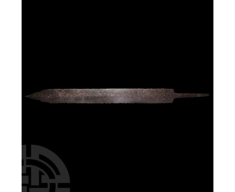 1st-3rd century A.D. A double-edged gladius sword blade of Pompeii type of piled construction with long, parallel cutting edg