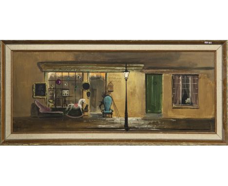 * DEBORAH JONES (BRITISH 1921 - 2012), THE ANTIQUE SHOP oil on board, signed image size 29cm x 74.5cm, overall size 38cm x 84