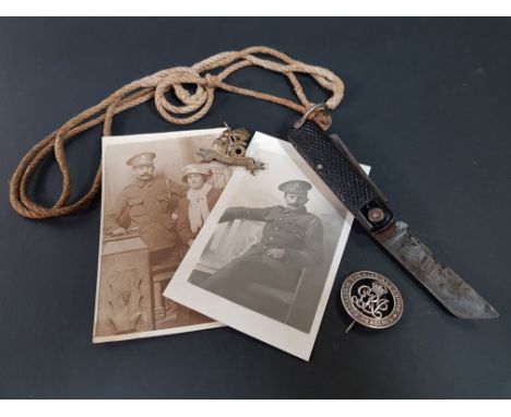 LOVELY SET OF WW2 POSTCARDS OF SOLDIER AND WIFE, 16TH (THE QUEEN'S) LANCERS CAP BADGE, BRITISH ARMY ISSUE PEN/POCKET KNIFE BY