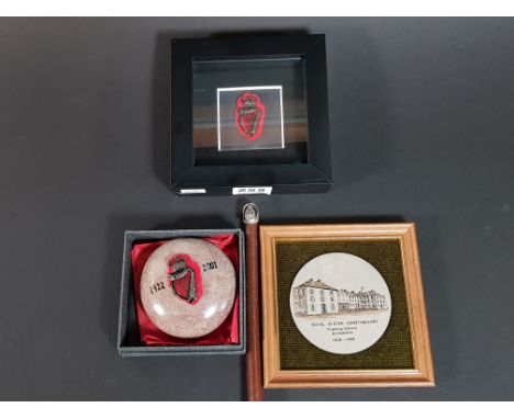 ROYAL ULSTER CONSTABULARY FRAMED PLAQUE - TRAINING CENTRE, ENNISKILLEN, FRAMED RUC BADGE AND RUC PAPERWEIGHT AND SWAGGER STIC