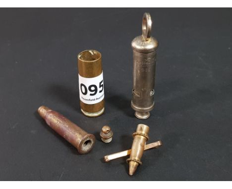 WW1 TRENCH ART BULLET SWEETHEART BROOCH, PILL BOX, SHELL CASING AND BRITISH ARMY WHISTLE BY J HUDSON AND CO DATED 1915