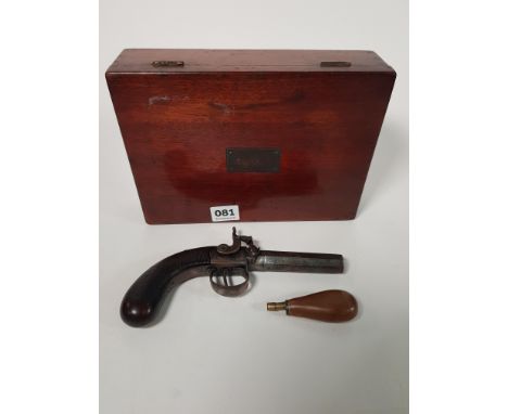 DUELLING PISTOL, POWDER FLASK, PERCUSSION GUN CAPS - MAKERS NAME TO GUN BUT WORN - INITIALS ARH ON EXTERIOR OF BOX